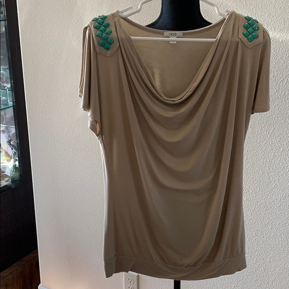 Cache Tops - Cache tan cold shoulder top with torquoise beads Cache Tops - Cache tan cold shoulder top with torquoise beads